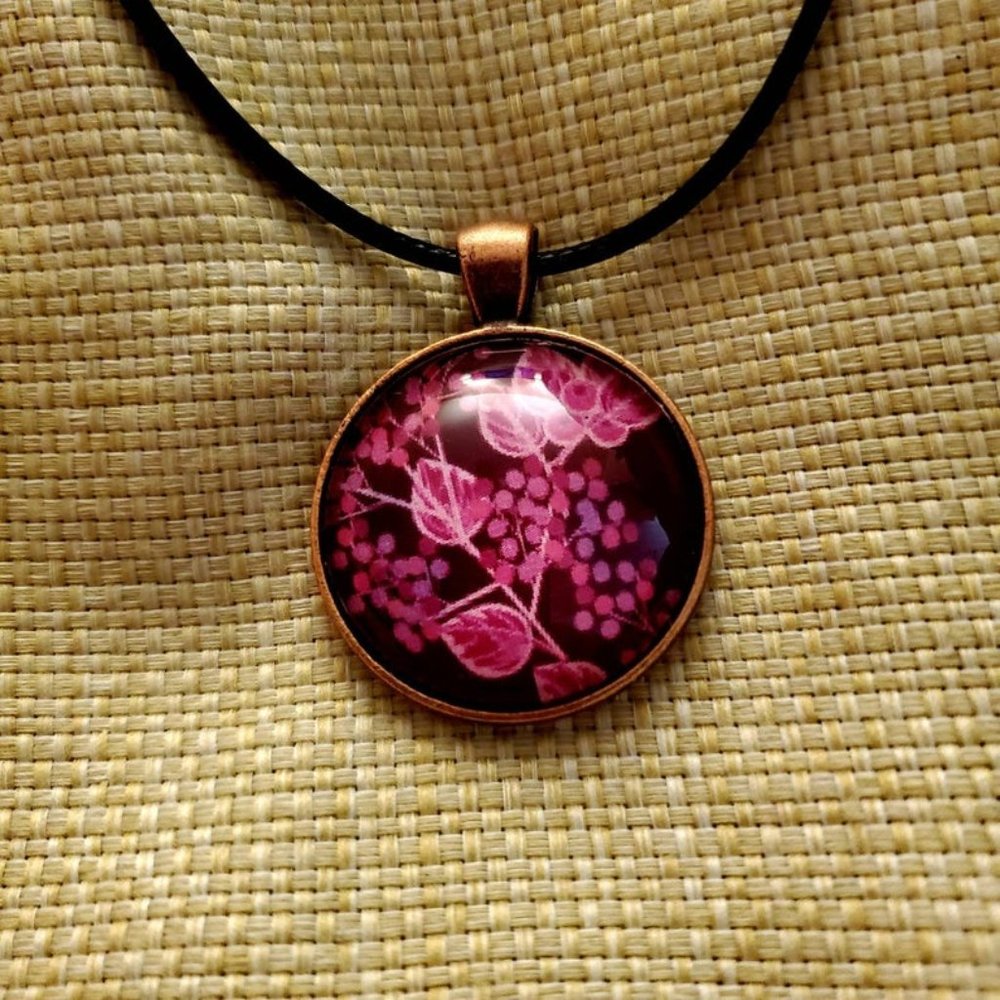 Pink Leaves Glass Cabochon Pendant - Handmade